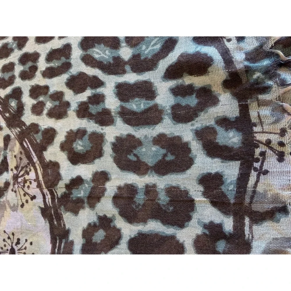 Leopard Floral Scarf Brown Pink Animal Print Fringe Wrap‎ Boho-Chic Maximalist